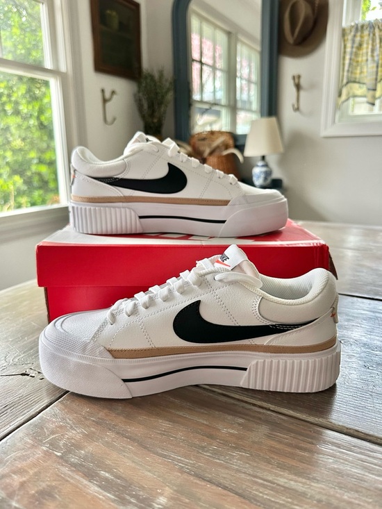 Nike Shoes - Nike Women’s Court Legacy Lift Sneakers with Black Swoosh and Tan Stripe